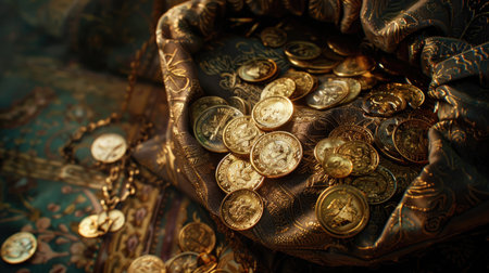 Coin bag overflowing with riches, symbolizing prosperity and abundance.の素材
