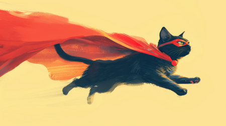 Your everyday hero - a superhero cat! A gleeful black cat with a red cape and mask, soaring and bounding with grace against a light yellow backdropの素材
