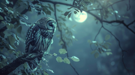 Majestic owl sitting silently on a tree branch in the dark forest, with moonlight casting a soft glow through the leaves.の素材