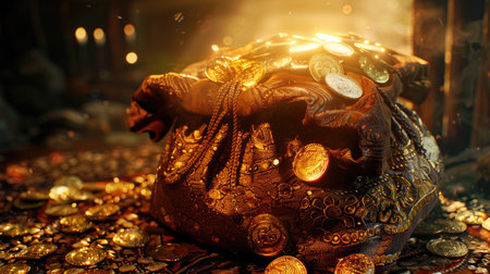Coin bag overflowing with riches, symbolizing prosperity and abundance.の素材