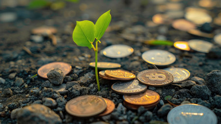 Coins scattered on the ground with a green sapling growing from one, illustrating financial growth and sustainability.の素材