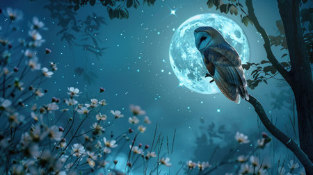 An owl perched on a branch in the forest at night, with a full moon illuminating the scene and stars twinkling in the background.の素材