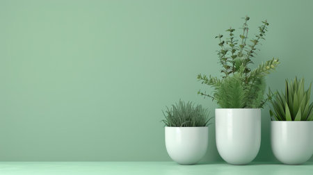 Elegant plants in white pots on a soft pastel green background, with generous space on the right side for textの素材