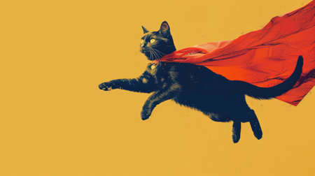 Witness the adventures of a superhero cat! A happy black cat wearing a red cloak and mask, bounding and flying playfully on a light yellow background.の素材