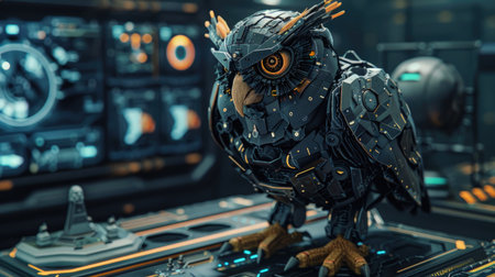High-tech robot owl with combat armor and weaponry, standing on a digital battlefield with holographic displaysの素材