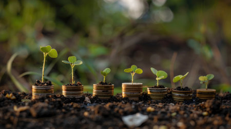 A series of seedlings sprouting from a stack of coins, symbolizing the growth of investments and sustainable wealth.の素材