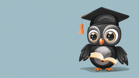 Charming cartoon owl with a graduation cap and book, set against a light blue background.の素材