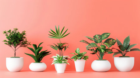 White pots with lush plants on a pastel coral background, with ample space in the center for text.の素材