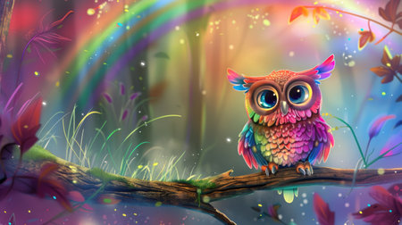 Cute cartoon owl with colorful feathers, sitting on a branch with a rainbow in the backgroundの素材