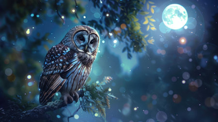 An owl perched on a branch in the forest at night, with a full moon illuminating the scene and stars twinkling in the background.の素材
