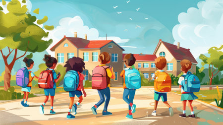 Kids eagerly opening their backpacks, ready to start the school day, with school building in the background.の素材