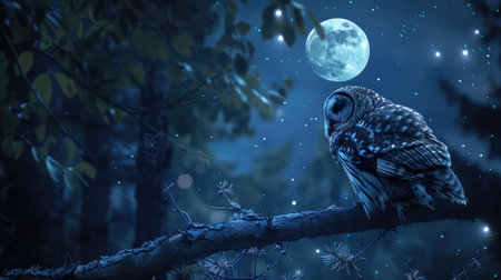 An owl perched on a branch in the forest at night, with a full moon illuminating the scene and stars twinkling in the background.の素材