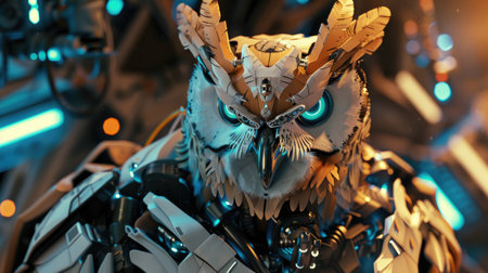 Robotic owl with sleek armor and advanced weaponry, ready for battle, set against a high-tech background.の素材