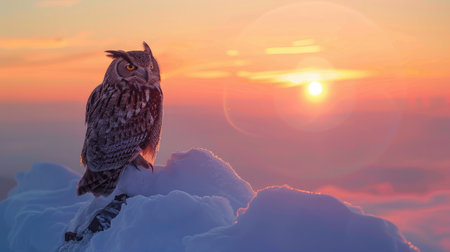 Owl sitting on the snow-covered summit of a mountain, with the backdrop of a breathtaking sunrise illuminating the horizon.の素材