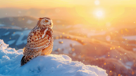 Owl sitting on the snow-covered summit of a mountain, with the backdrop of a breathtaking sunrise illuminating the horizon.の素材
