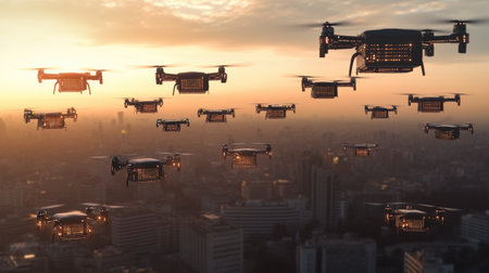 A coordinated fleet of drones executing a large-scale delivery operation, highlighting logistics precision.の素材