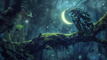 Owl in the forest at night, sitting on a moss-covered branch with the moon and stars lighting up the dark sky.の素材