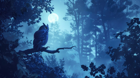 Serene forest night scene with an owl perched on a branch, the moonlight creating a magical atmosphere.の素材