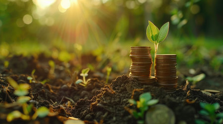 Stacked coins with lush green seedlings growing, illustrating the merging of financial and environmental growthの素材