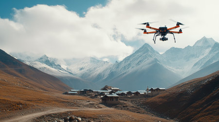 A drone navigating rugged terrain to deliver supplies to a remote mountain village, highlighting logistical innovation.の素材