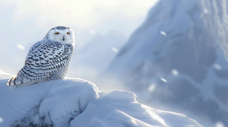 Snowy owl resting on the top of a snow-capped mountain, surrounded by pristine white snow and clear, cold air.の素材