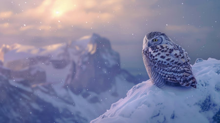 Owl resting on a snowy mountain summit, with the serene and majestic winter landscape stretching out below.の素材