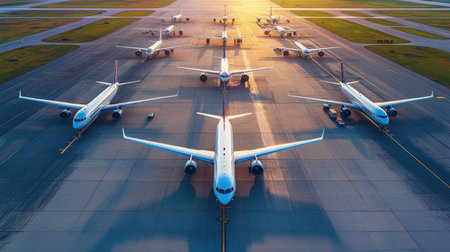 Fleet coordination in logistics: Aircraft lined up at an airport, visualizing the management and coordination of airfreight fleets for optimal operations.の素材