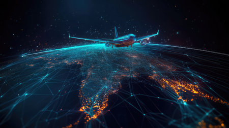 Optimized airfreight routes: Digital map showing strategic airfreight routes, emphasizing the planning and optimization in aerial logisticsの素材