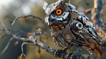 Robotic owl designed for combat, featuring armored plating and advanced sensors, perched on a metallic tree.の素材