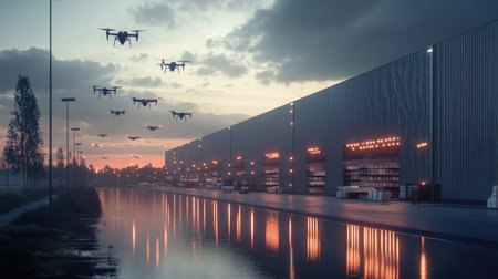 A fleet of drones hovering near a distribution center, emphasizing the role of aerial logistics in rapid delivery.の素材