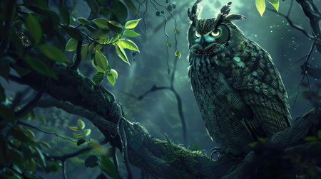 Owl with glowing eyes perched in a dense forest at night, surrounded by shadows and illuminated by moonlight.の素材
