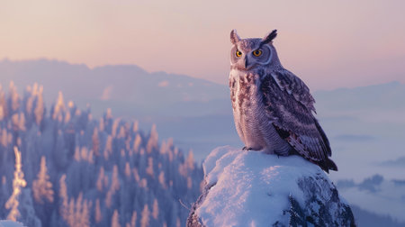 Owl on top of a snow-capped mountain, surrounded by the untouched beauty of the winter wilderness and a clear skyの素材