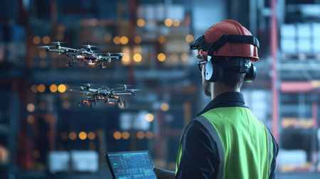 A close-up of a logistics worker managing the distribution of payloads across airfreight and drone systems.の素材