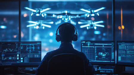 A control center overseeing drone operations for a complex delivery mission.の素材
