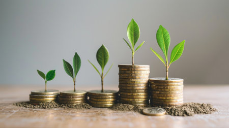 Stacked coins with multiple seedlings growing from the top, symbolizing financial growth and sustainability, set against a plain background.の素材