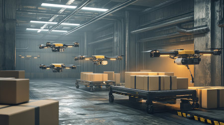 A drone loading station with packages being efficiently loaded for delivery, showcasing payload management.の素材