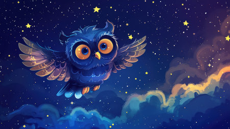 Playful owl cartoon with wide eyes and a small beak, flying through a starry night skyの素材