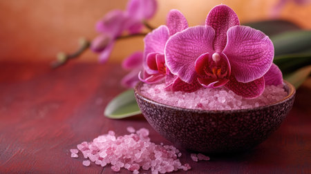 A beautiful spa display with a bowl of sea salt and an orchid flower. Aesthetic, elegance, luxury.の素材