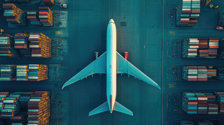 Freight logistics execution: Aerial view of cargo planes executing a logistics mission, highlighting the intricacies of airfreight operations.の素材