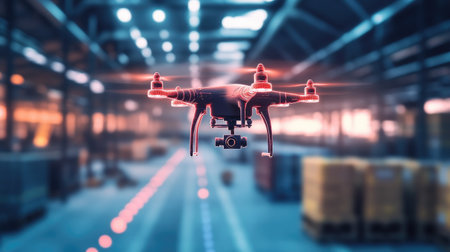 A drone flying over a pre-planned route on a digital interface, visualizing route optimization in logistics.の素材