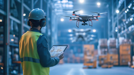 A logistics manager coordinating a fleet of aircraft and drones for supply chain deliveries.の素材