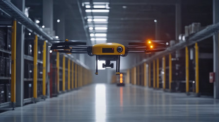 An automated drone delivery system at work in a logistics hub, showcasing the role of automation in aerial logistics.の素材