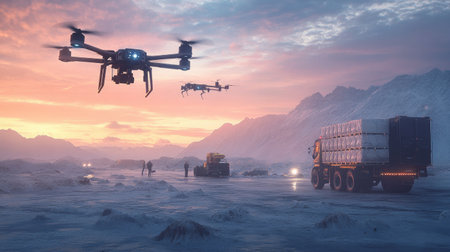 A logistics operation using air and drone transport to deliver supplies to a distant, hard-to-reach region.の素材