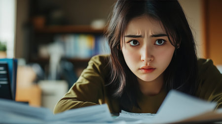 A beautiful Japanese office lady in her 20s, looking frustrated at her desk, papers scattered, a scene of workplace stress.の素材