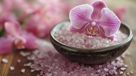 A calming spa atmosphere with a bowl of sea salt and an orchid flower. Stress relief, mindfulness, healing.の素材