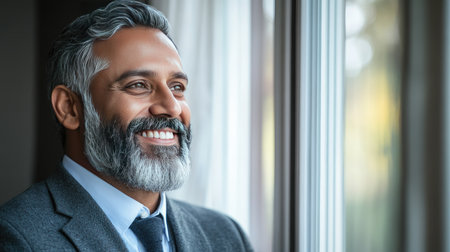 A smiling Indian businessman with a gray beard looking out a window. Business success, leadership, experienceの素材