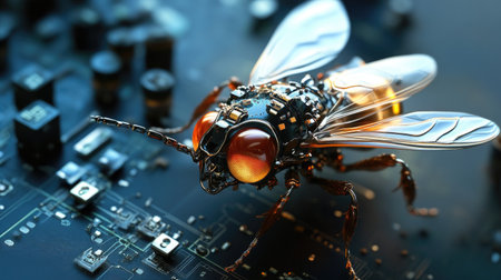 A close-up of a miniature insect-shaped spy drone. Technology, innovation, surveillance.の素材