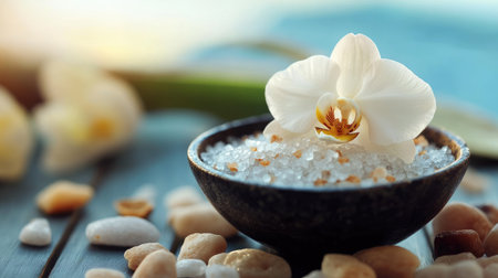A calming spa atmosphere with a bowl of sea salt and an orchid flower. Stress relief, mindfulness, healing.の素材