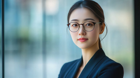 A confident Chinese woman with glasses wearing a suit. Leadership, career, corporate.の素材
