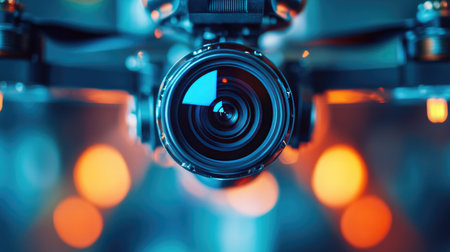 A close-up of a miniature spy drone's camera lens. Technology, surveillance, detail.の素材